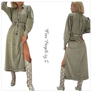 Free People Mad Love Denim Midi Dress NWT  Sage Green Long Sleeve sz S